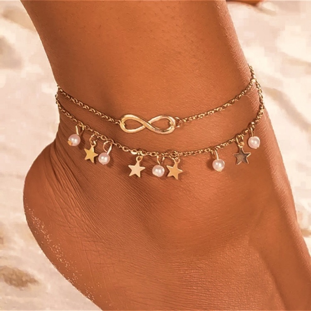 💜10/$25💜NEW Layered Infinity Star Charms Pearled Chain Anklet